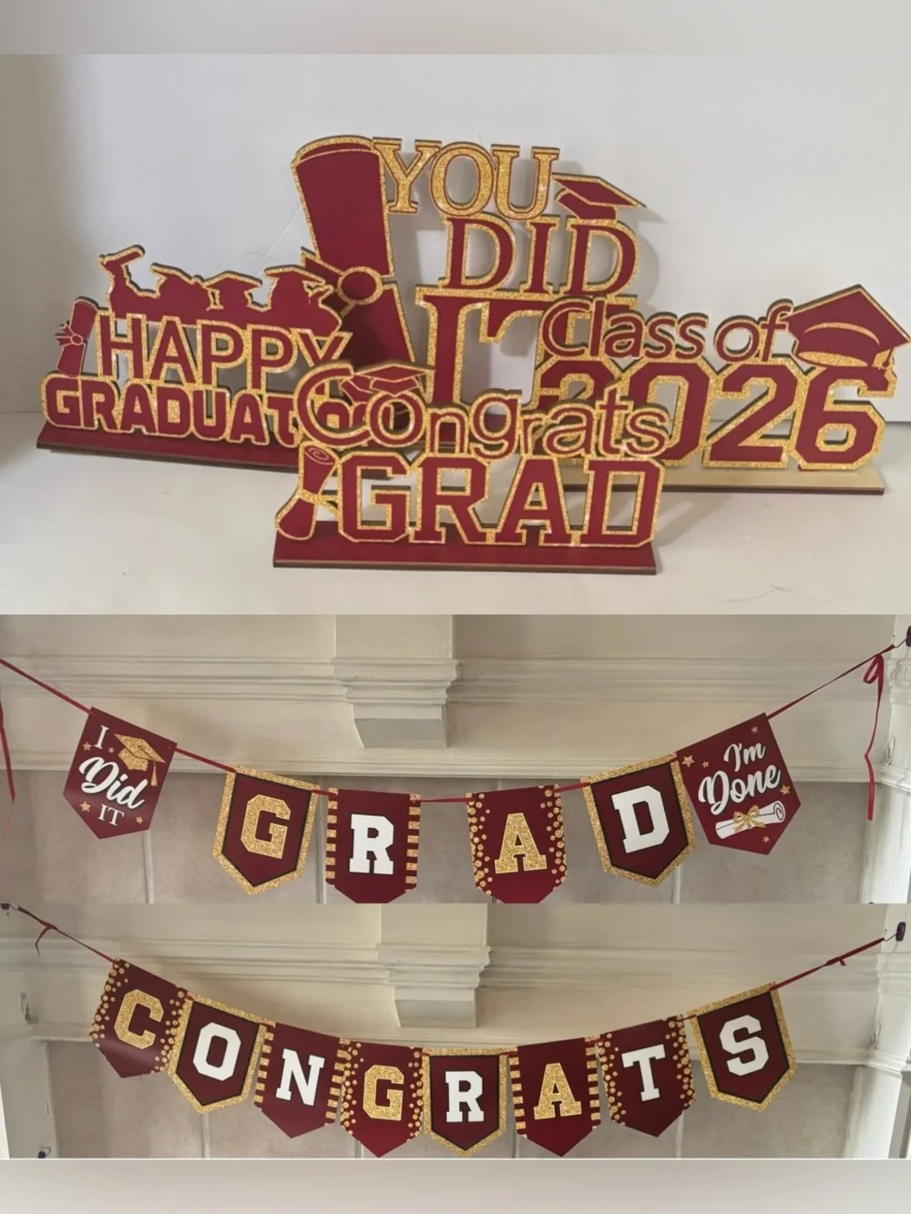Graduation table signs 4 total & 2 banners maroon & gold
